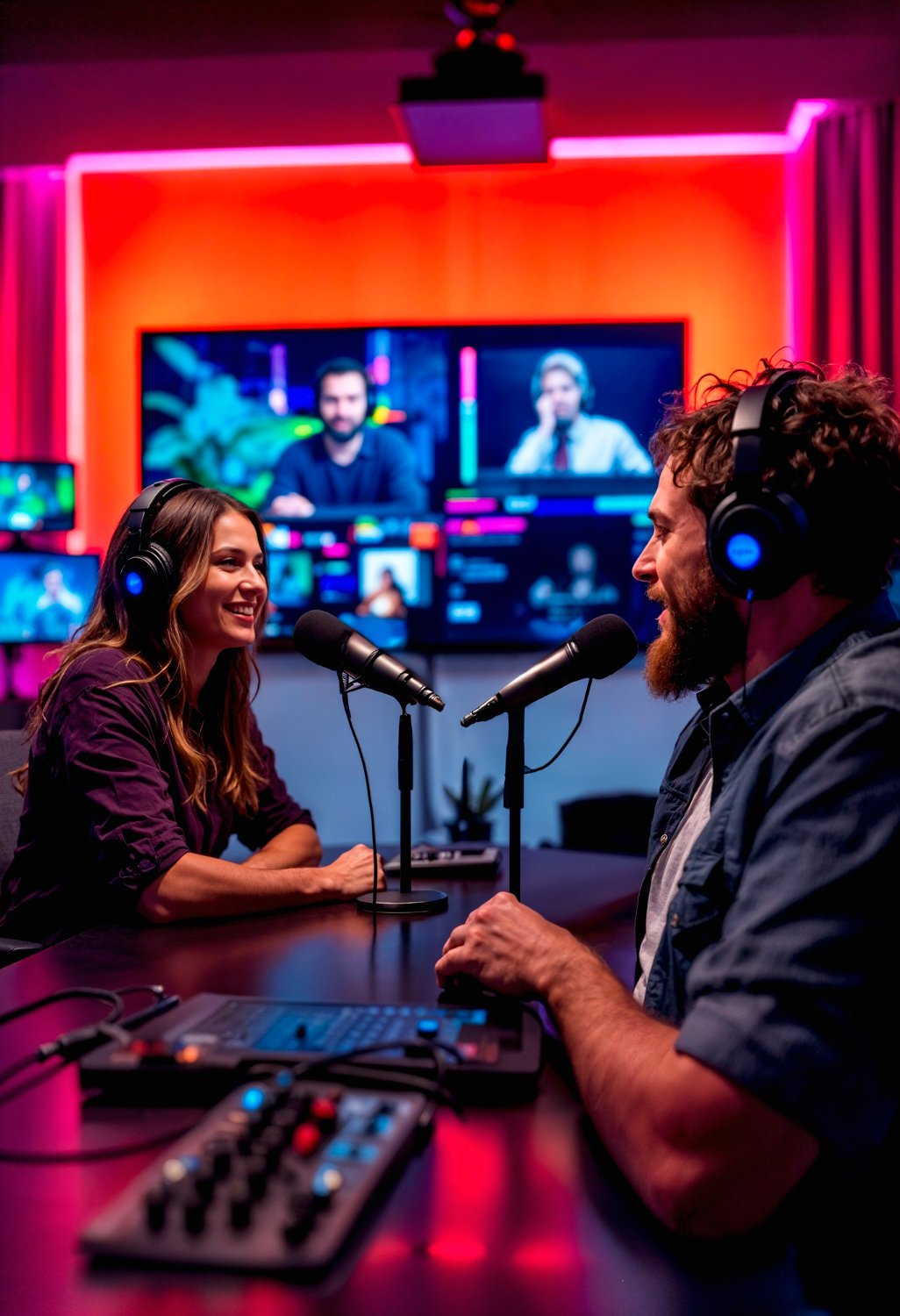 Podcast recording studio setup with microphones, headphones, and audio equipment