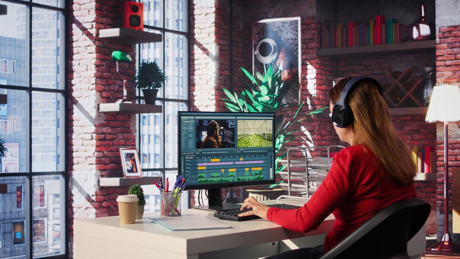 Focused female video editor working on video montage using creative editing software