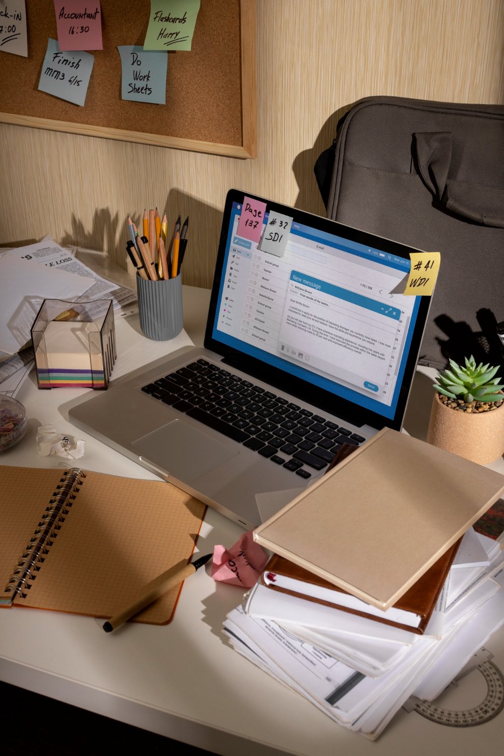 Messy office workspace with laptop and documents for content writing services and digital projects