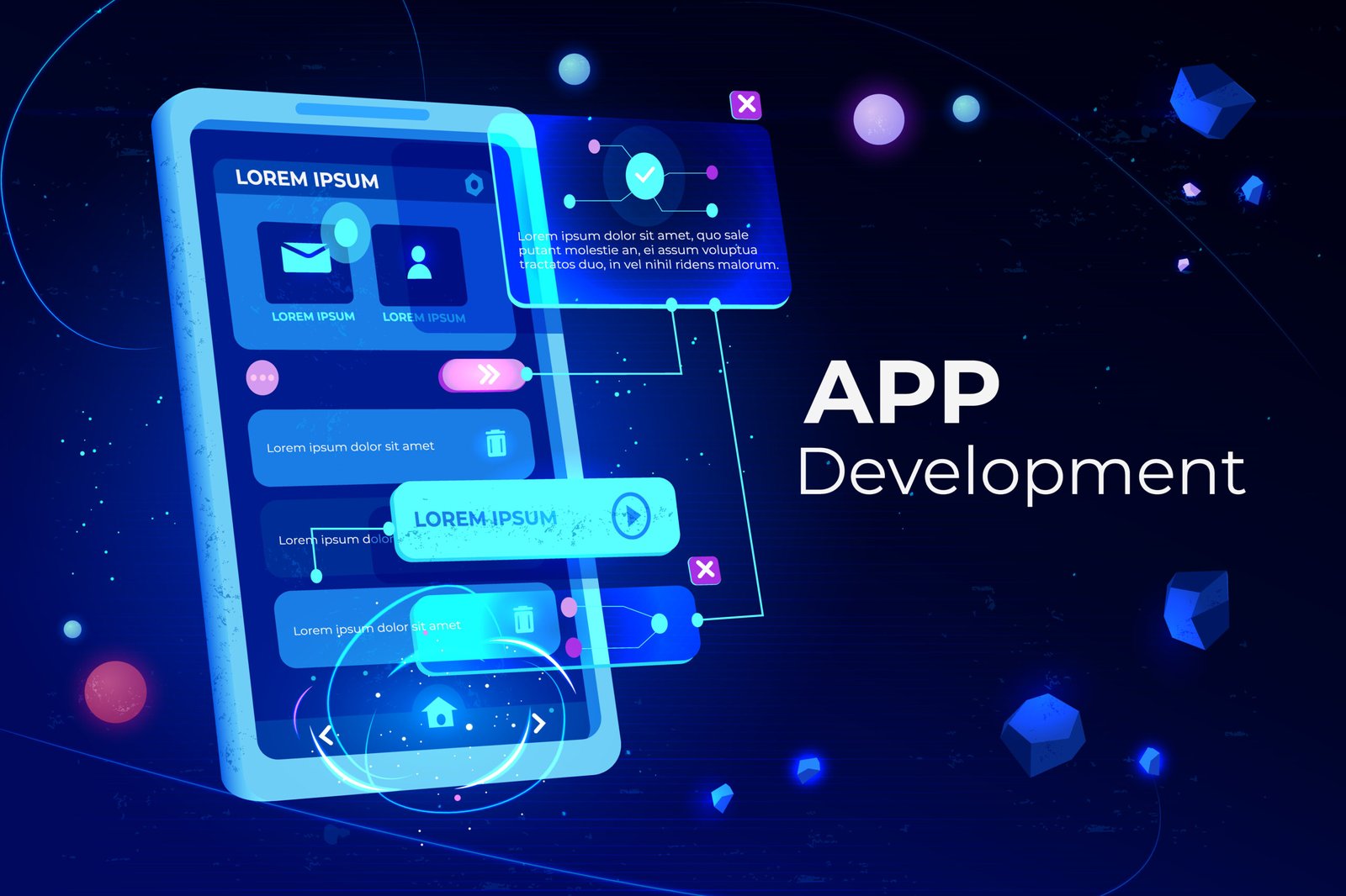 Illustration of mobile app development banner with UI elements and technology icons for app design and development services
