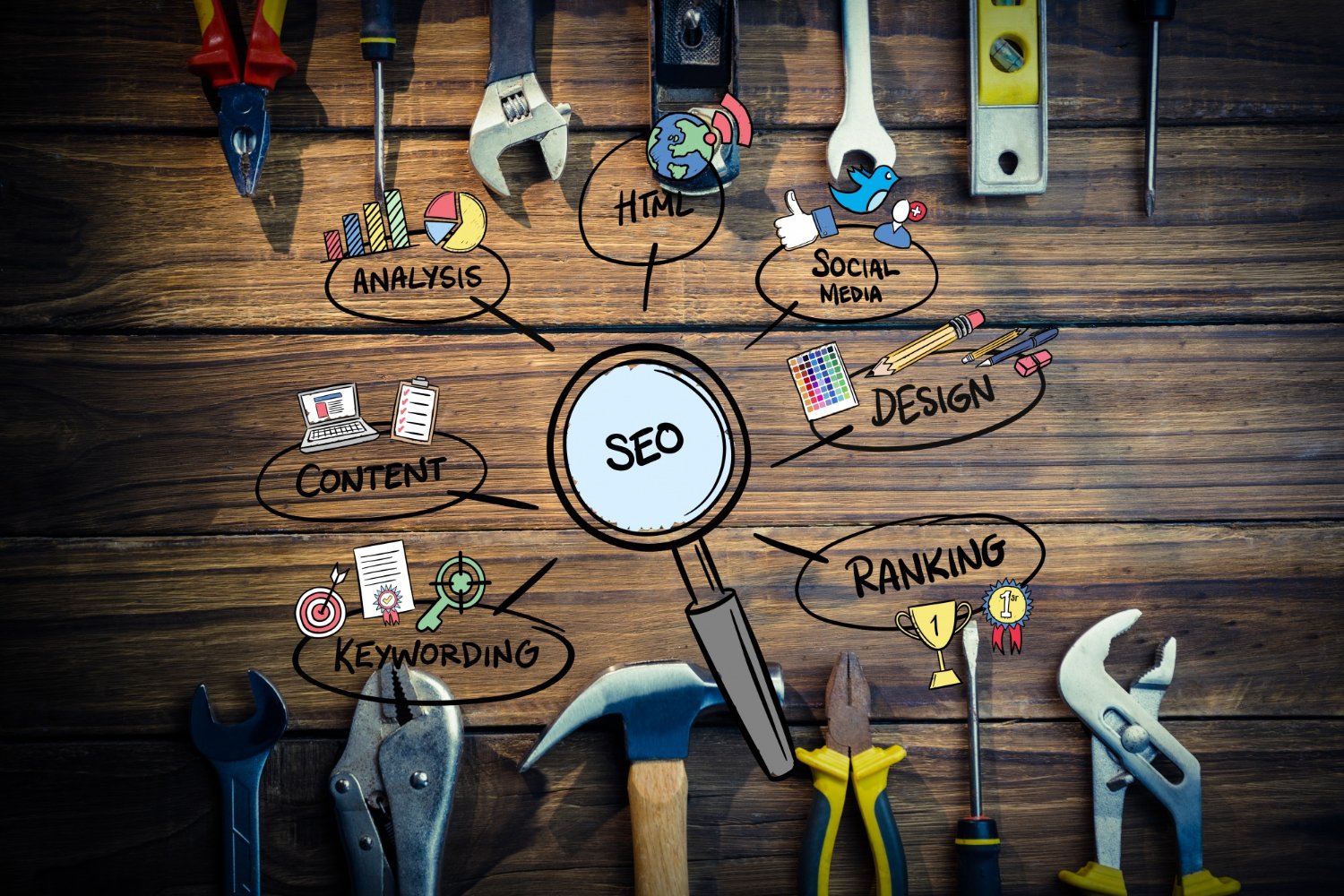 Top view of SEO and digital marketing tools on workspace