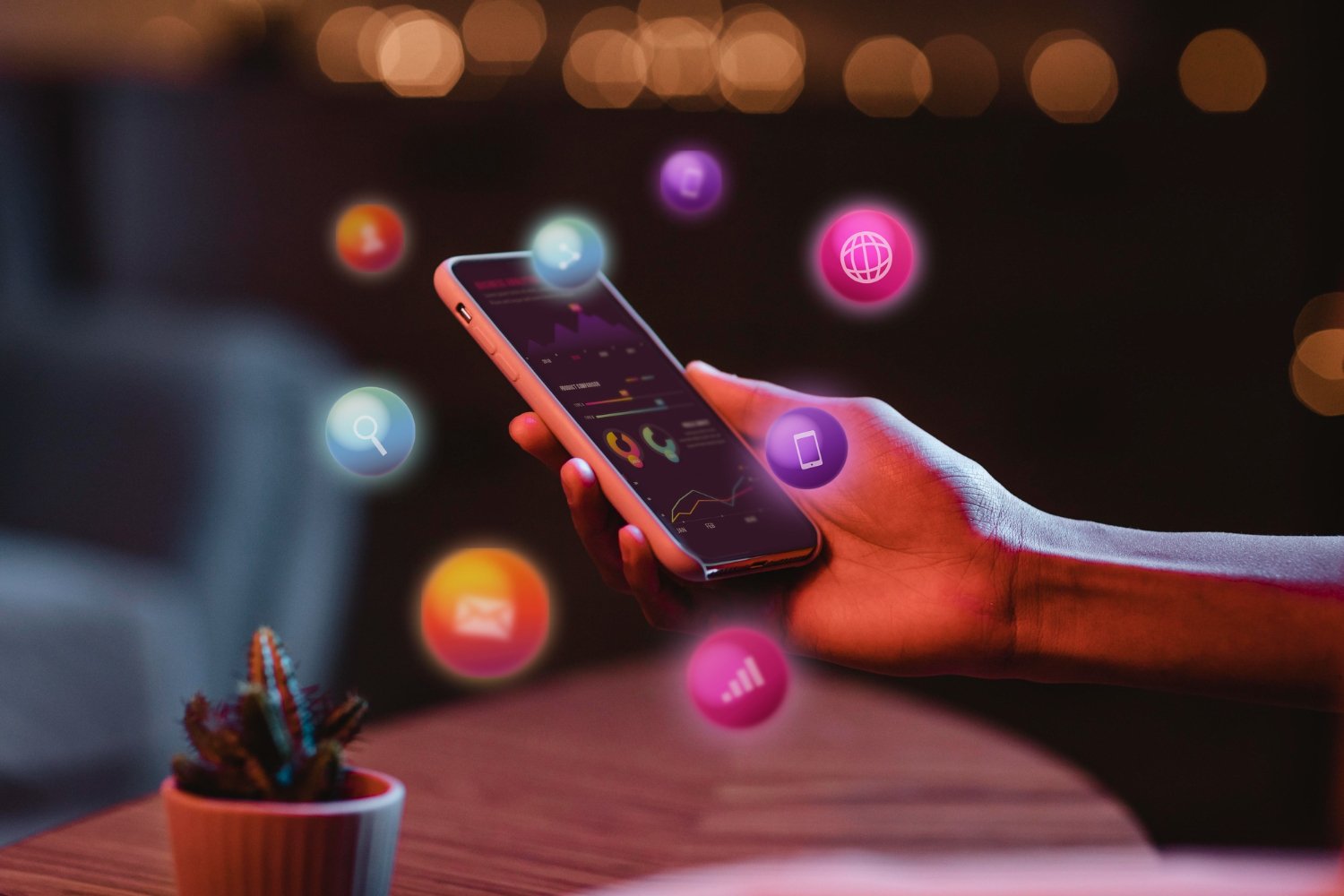 Social media marketing concept with mobile apps and engagement icons