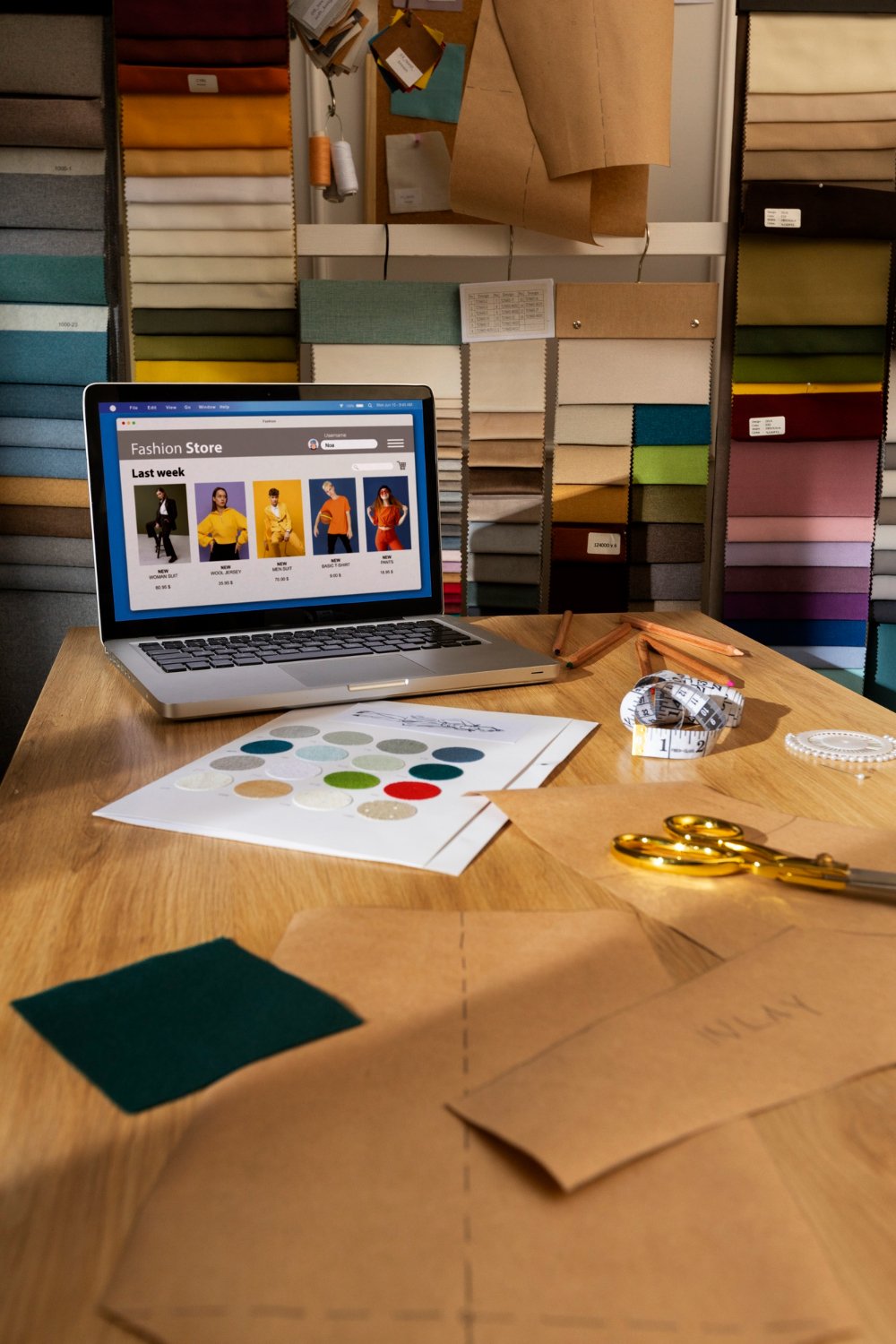 Still life composition of a fashion designer’s office workspace with tools and materials
